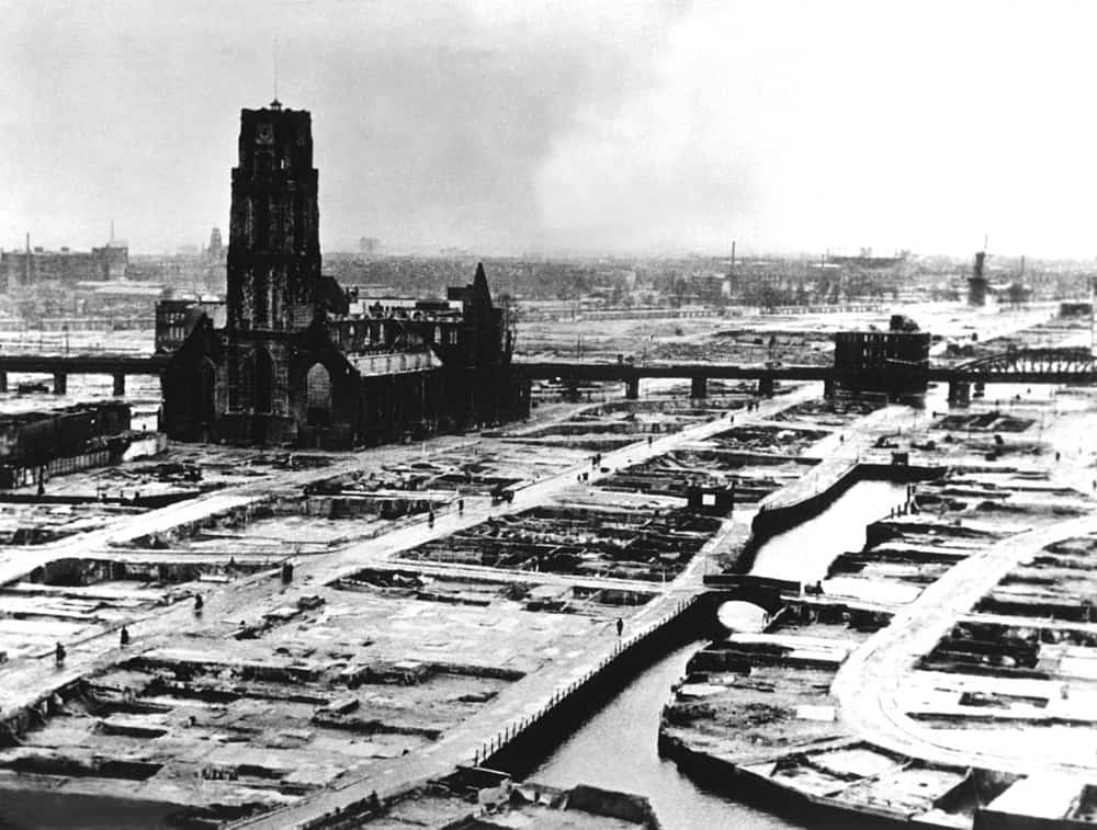 Rotterdam's Laurenskerk stands alone after the Nazi bombardment in May 1940