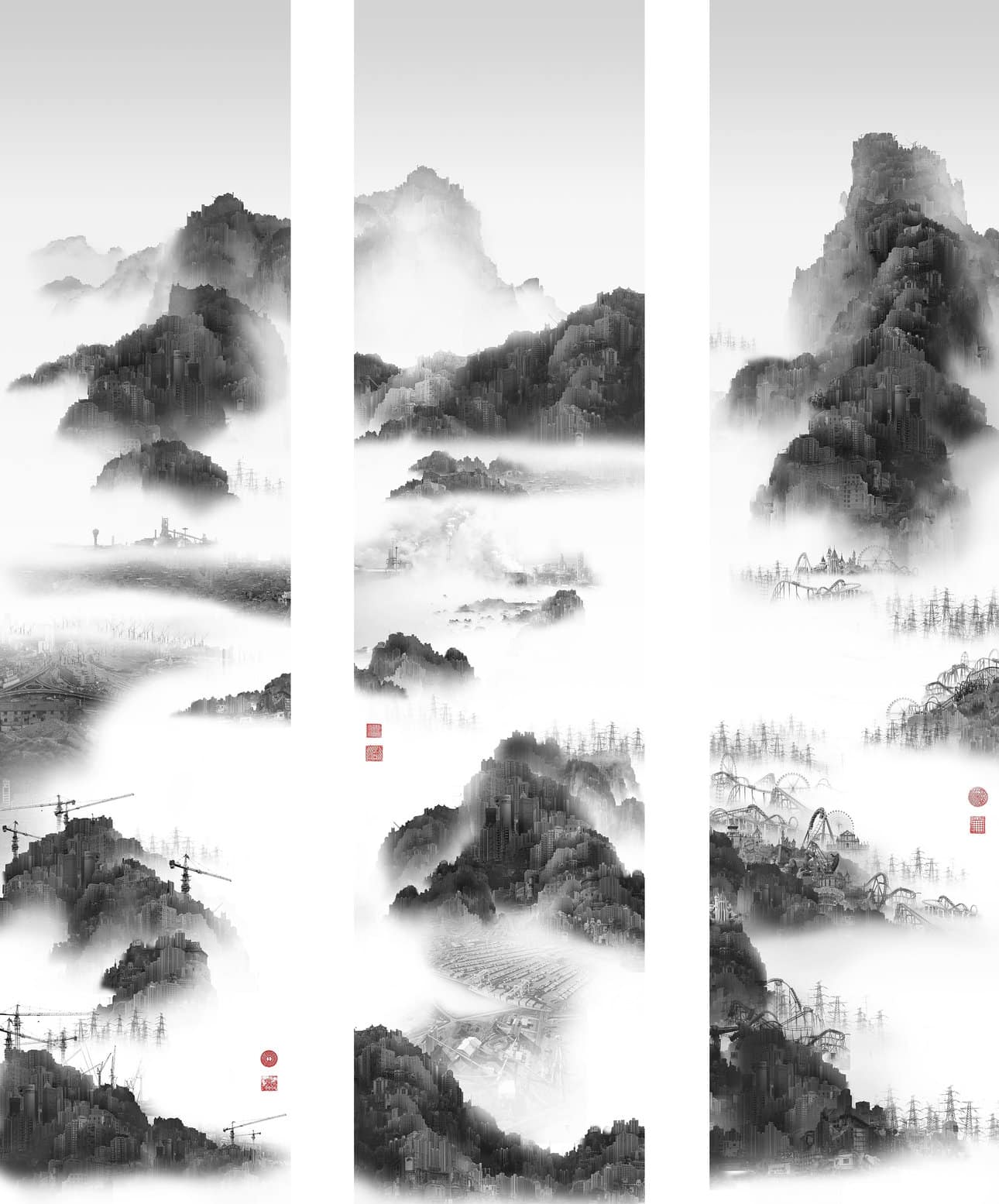  This artwork is a contemporary triptych by Yang Yongliang titled "Phantom Landscape III." Created in China in 2007, it is part of the collection at Wereldmuseum. The piece merges traditional Chinese landscape painting techniques with modern elements, creating an intriguing blend of the past and present.
