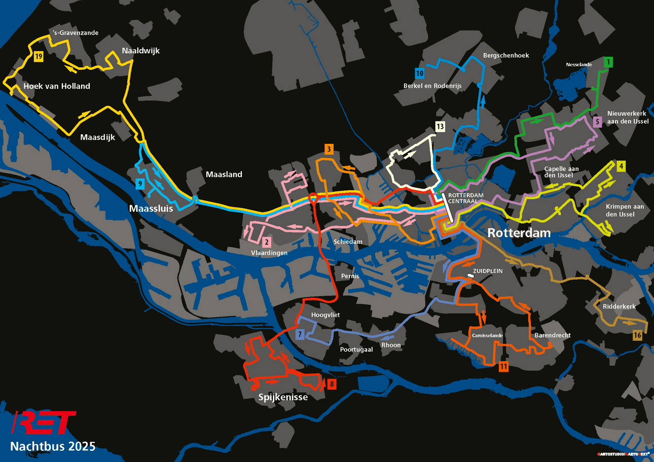 RET night buses will run from Rotterdam Centraal to 13 destinations on weekend nights starting 5 September 2025, connecting with NS night trains.