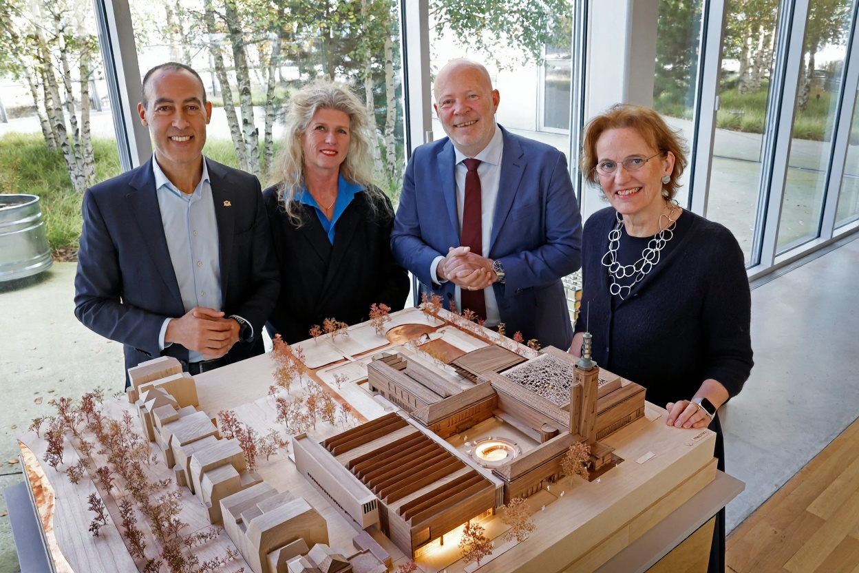 Presentation of the Final Design for the renovation of Museum Boijmans Van Beuningen. From left to right: Deputy Mayor for Culture Saïd Kasmi, Museum Director Ina Klaasen, Deputy Mayor for Real Estate Robert Simons, and architect Francine Houben. Photo: Bas Czerwinski