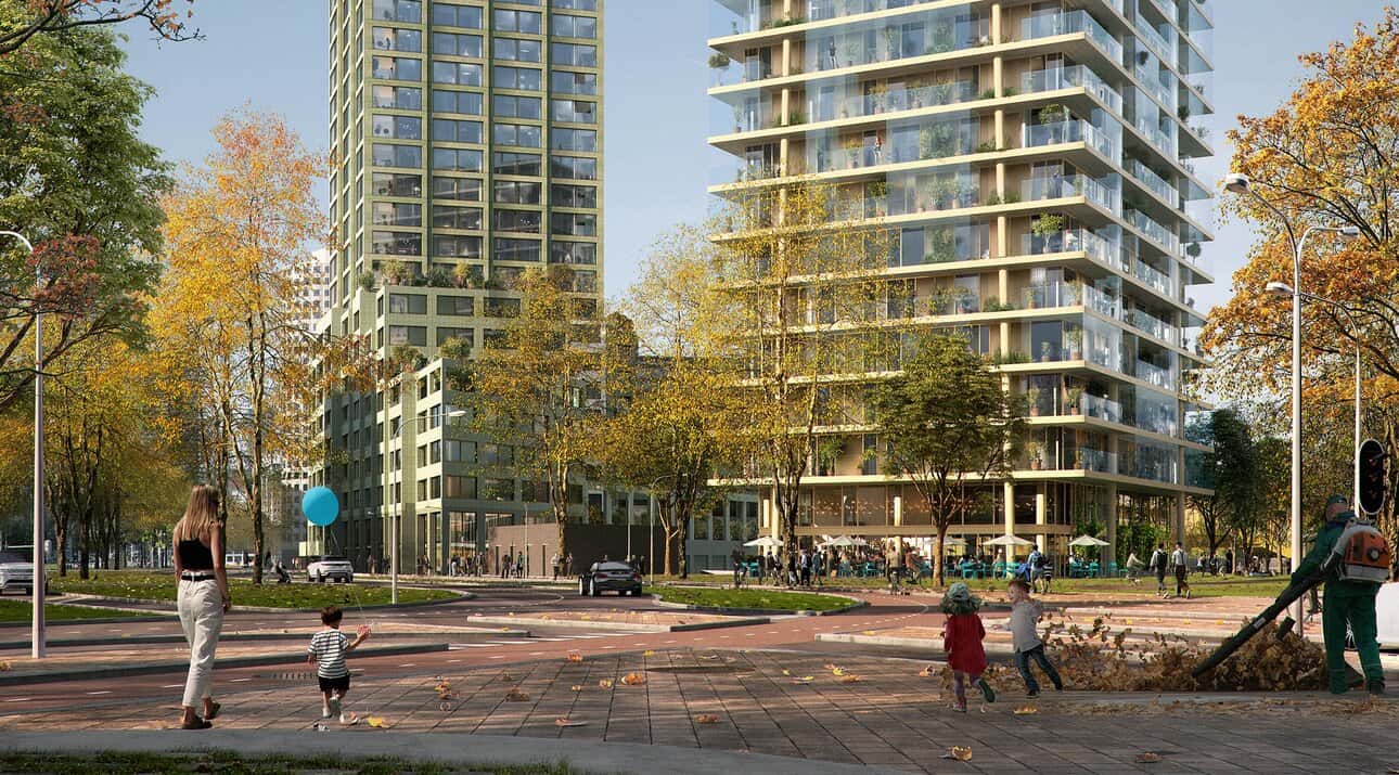 Pompenburg, near Hofplein, will be redeveloped with 1,100 homes, new public space and workspaces, reconnecting Rotterdam’s old city heart with Rotterdam-Noord.