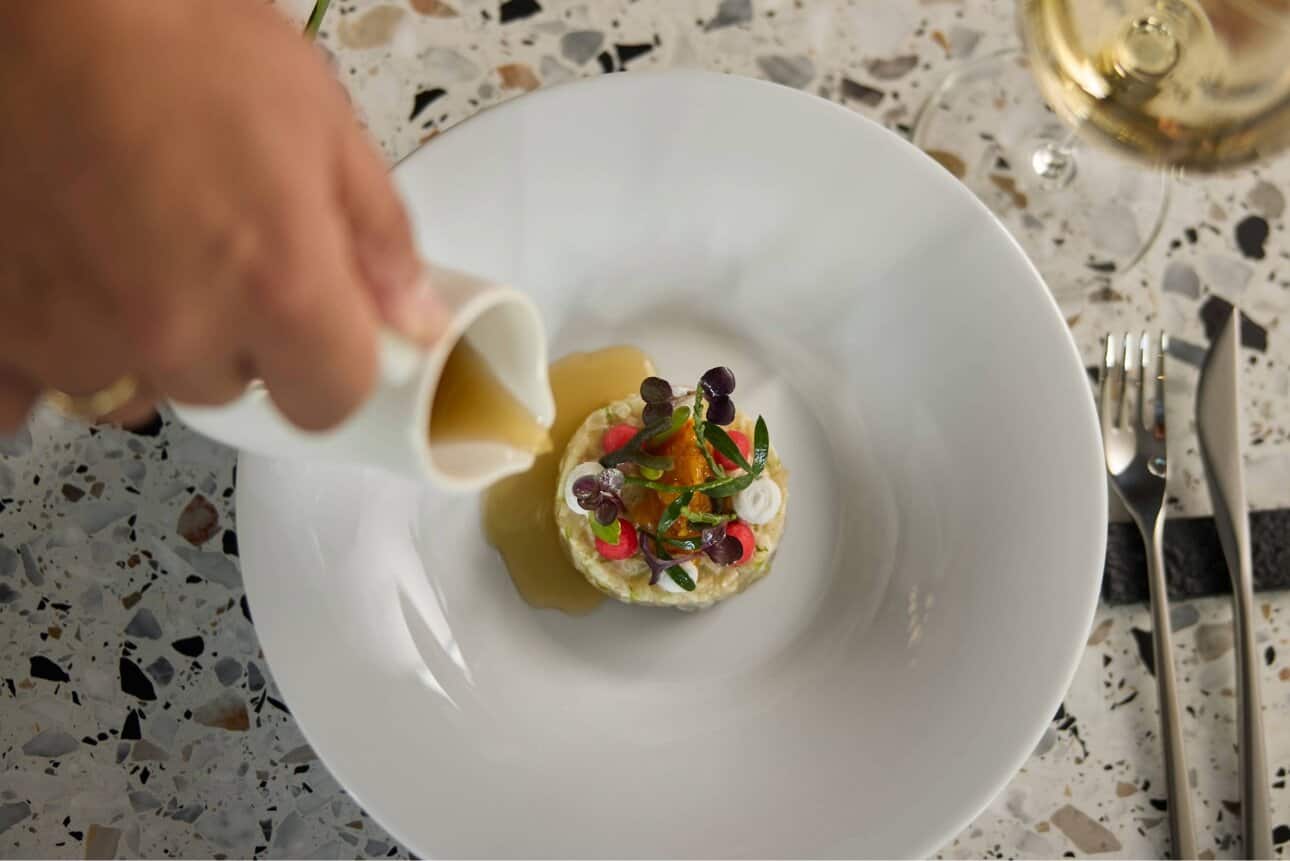 Zeeland hamachi served with dashi vinaigrette and Turkish apricot chutney