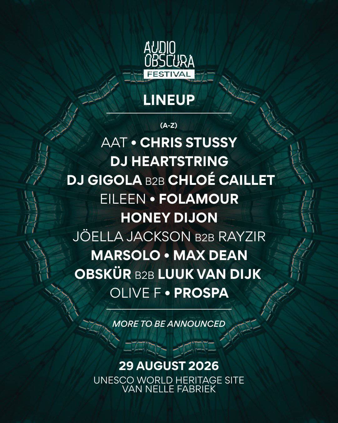 Audio Obscura festical 2026. Some names include Chris Stussy, DJ Gigola b2b Chloé Caillet and DJ HEARTSTRING.