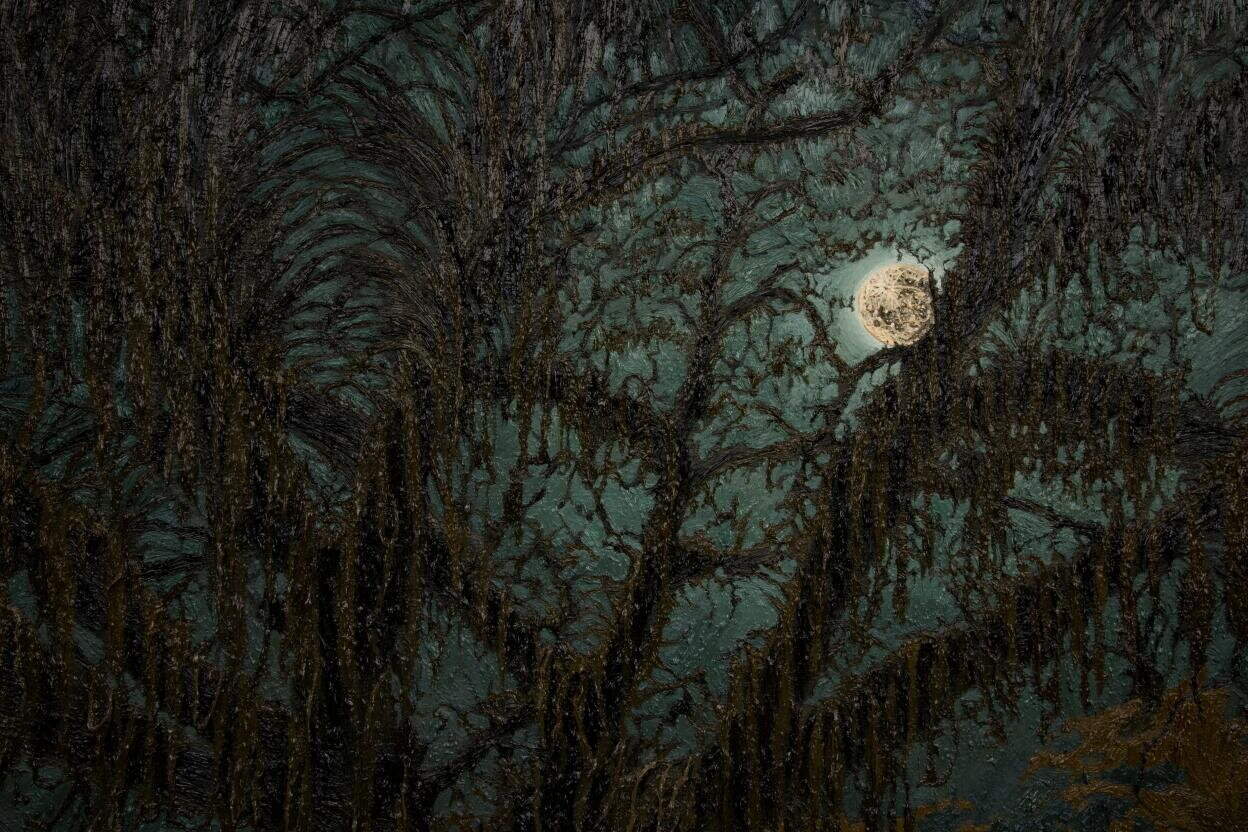 Detail from Roberta Stoddart’s Sleepwalkers (2009–2017), showing the moonlit Caribbean landscape.