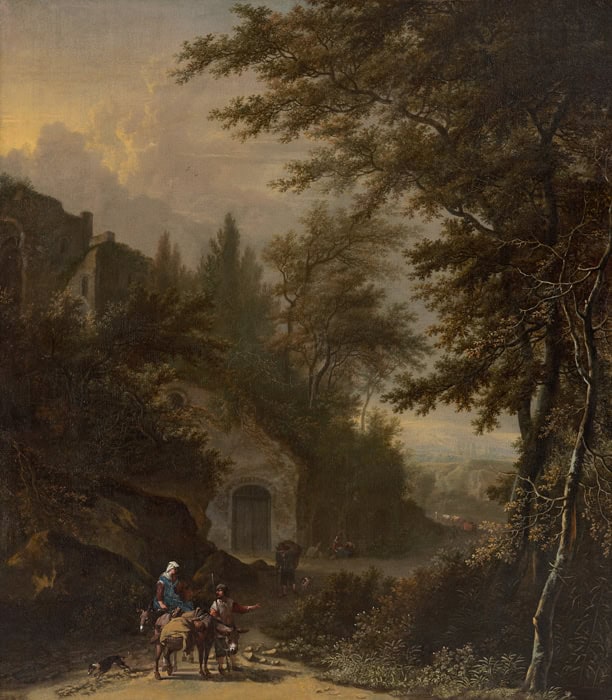 Travellers in an Italianate landscape, Adriaen Verboom, c. 1665. Figures by Johannes Lingelbach. Oil on canvas, height 75 cm x width 66 cm.
