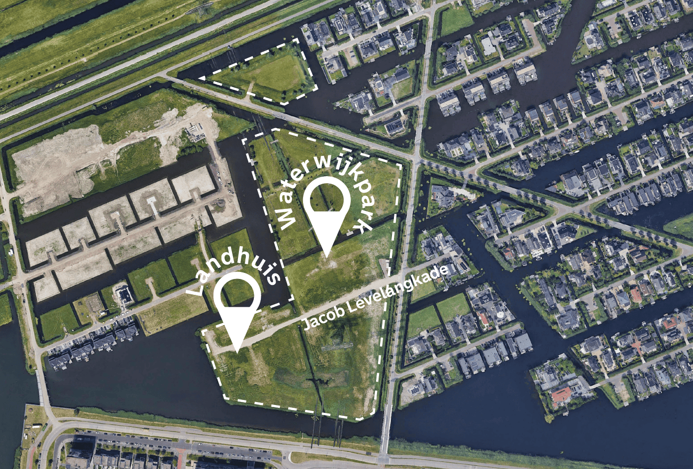 Aerial view of Landhuis, the first available plot for cooperative housing, in Waterwijk in Nesselande.