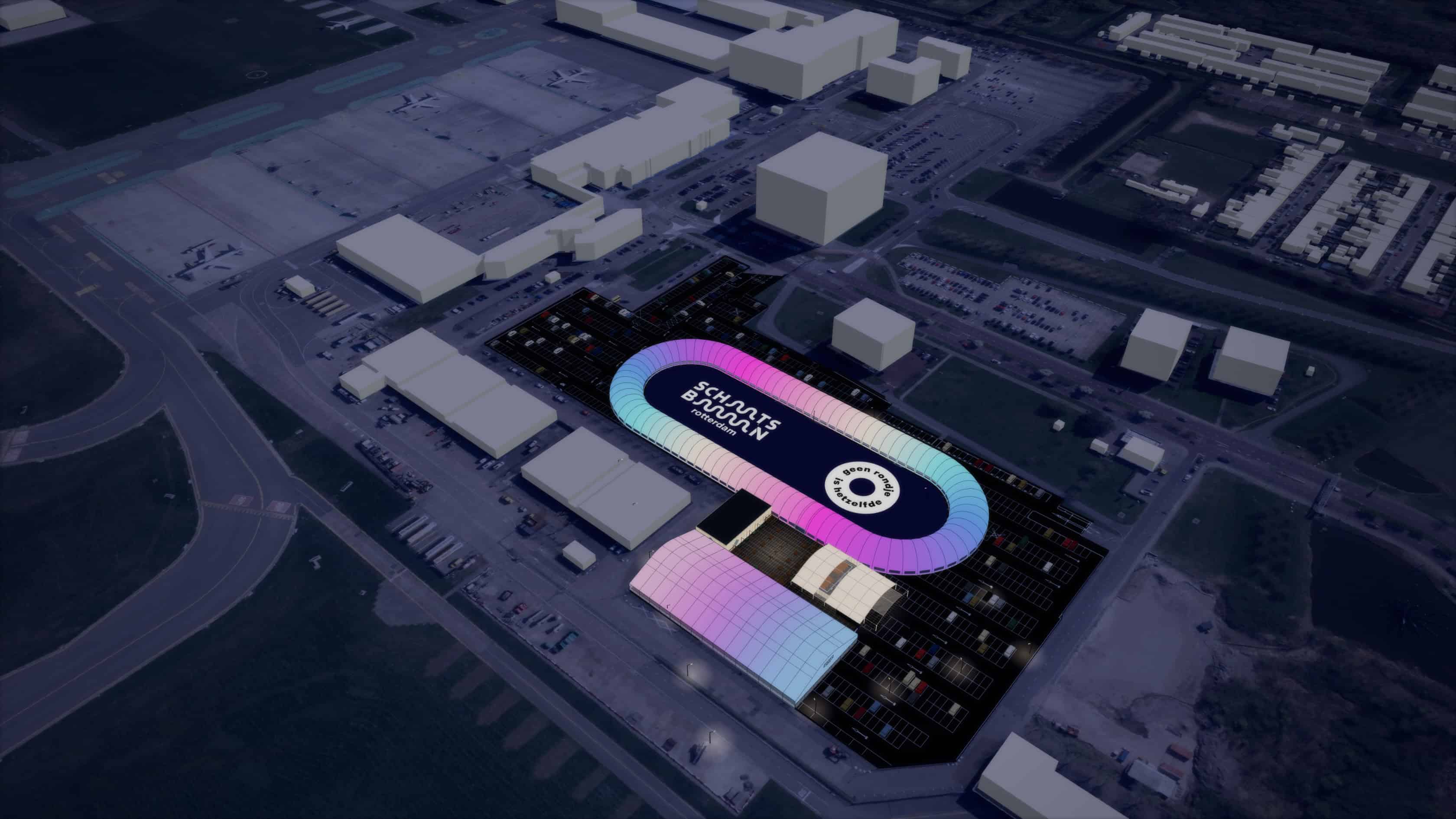 Night-time visualisation of the proposed Schaatsbaan Rotterdam site at Rotterdam The Hague Airport.