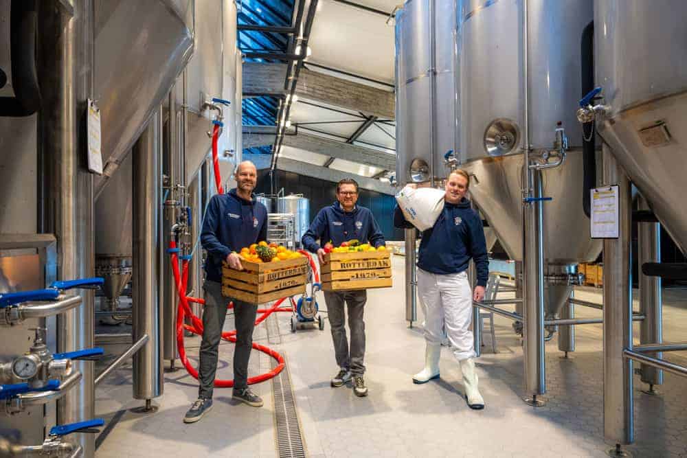 Sales director Alexander Bruring (left), director and initiator Harm van Deuren and master brewer Wesley Aarse (right) start brewing at the new Stadshaven Brouwerij in Rotterdam © Arnaud Roelofsz