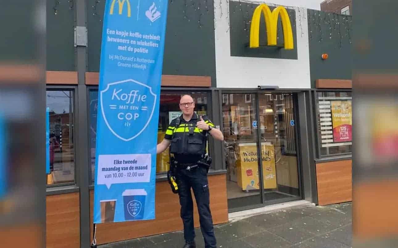 Neighbourhood police officer Maurice Schnitker at McDonalds restaurant Rotterdam Groene Hilledijk