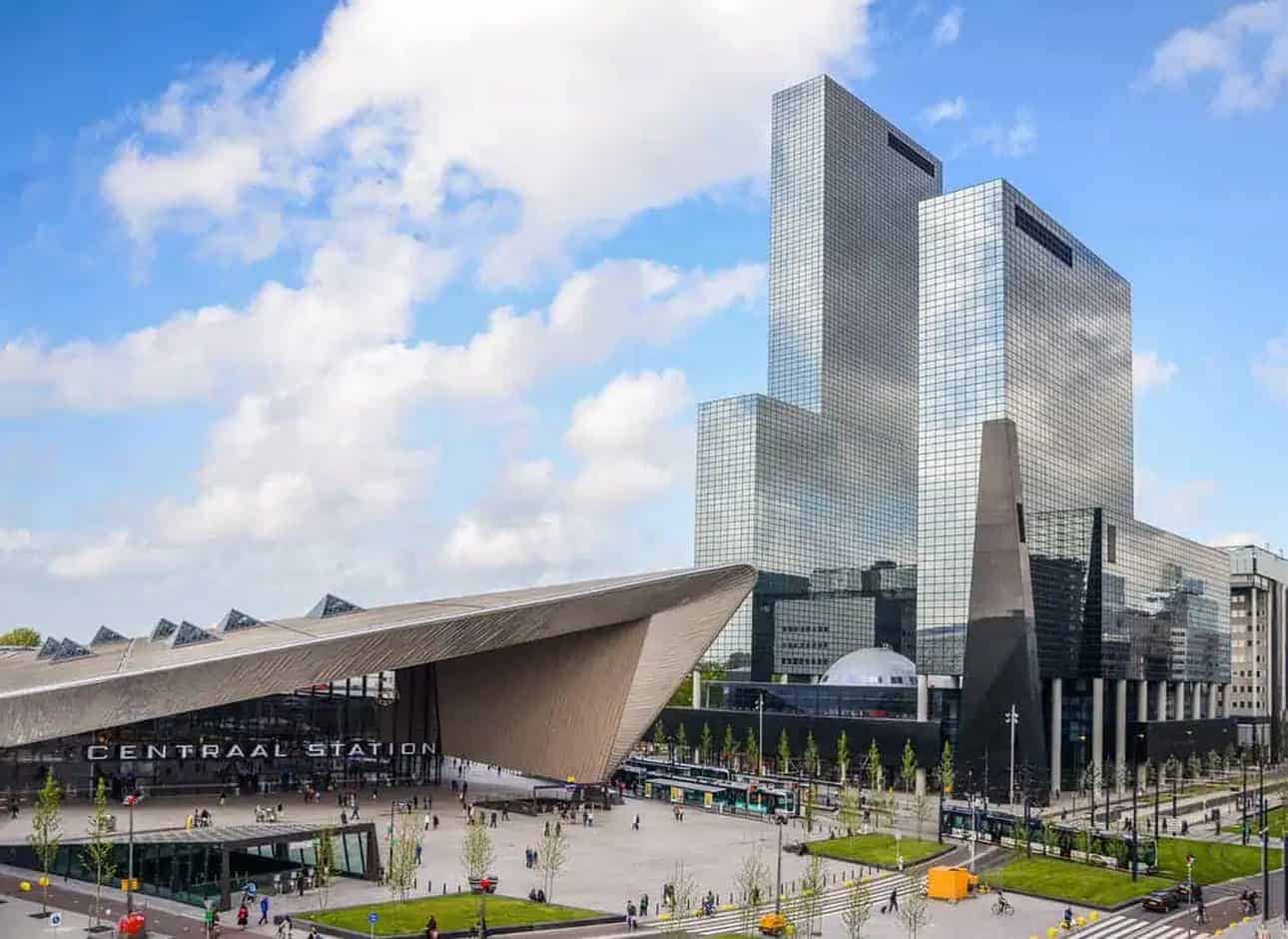 Rotterdam, Netherlands financial centre skyline, including the Central Station, which is an important transport hub with 110,000 passengers per day